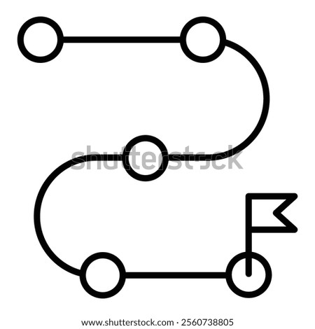 A winding path with multiple milestones leading toward a goal, marked by a flag, symbolizing progress, personal growth, and the journey to success round line vector icon with editable stroke