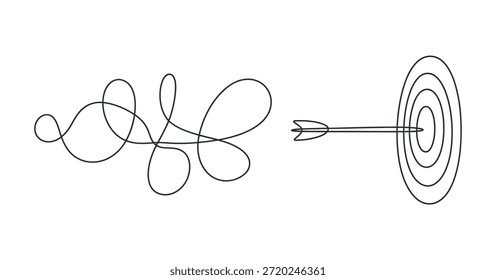 A winding path sketched in black and white leads to a circular target with an arrow