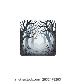 A winding path through a dense forest with gnarled, bare trees on either side, shrouded in a thick, atmospheric fog.
