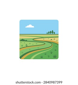Winding path through green grassy hills and fields