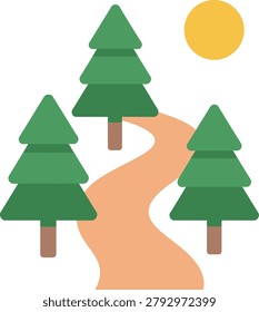Winding path through green pine trees under a yellow sun