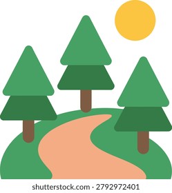Winding path through greenery with pine trees and sun