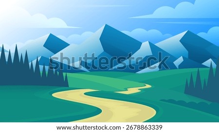A winding path through hills and forest on majestic mountains background in cartoon style.