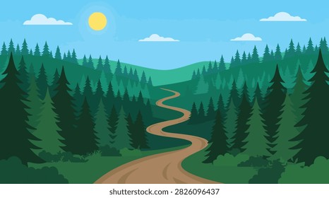 Winding path through a lush pine forest in a sunny landscape with landscape