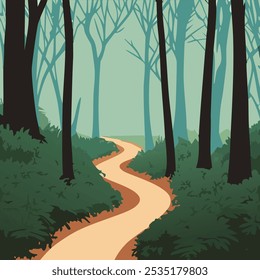 A winding pathway through a forest with tall trees