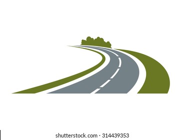 Winding paved road icon with green grassy roadside and curly bushes isolated on white background.  For travel or transportation theme