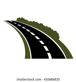 Winding paved road icon with green grassy roadside and curly bushes
