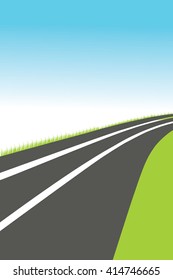 Winding paved road icon with green grassy roadside and curly bushes isolated on white background. For travel or transportation theme