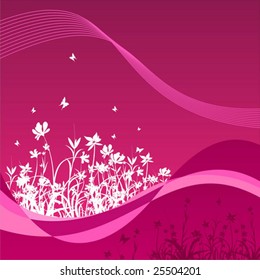 Winding purple background with flowers and butterflies.