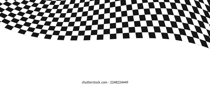 Winding race flag background. Warped black and white squares pattern.  rally, sport car competition wallpaper with copyspace. Checkered waving texture. Vector flat illustration