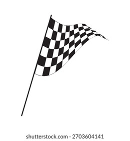 Winding race flag with checkered black and white print. Start or finish signal tool on sport car competitions. Karting, rally or motocross prop. Victory or success symbol. Vector graphic illustration.