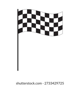 Winding race flag with checkered black and white pattern. Start or finish signal props on sport car competitions. Rally, karting or motocross symbol. Vector graphic illustration.