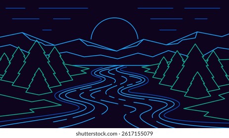 Winding river among forest and mountains at night landscape. Neon outline illustration of abstract nature.