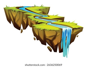 Winding river flowing across lush floating island ending in waterfall. Vector cartoon illustration