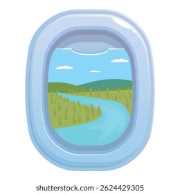 Winding river is flowing through a green forest as seen from an airplane window