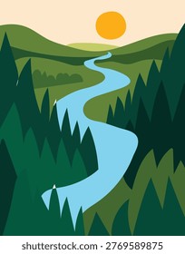 Winding river flowing through a lush green forest landscape, flat vector illustration of a scenic valley with sunset