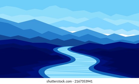 Winding river flows through dark blue hills on mountains silhouettes background. Evening landscape horizontal illustration.