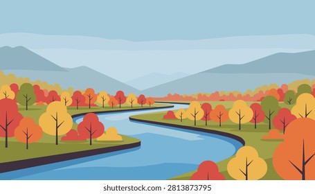 Winding river flows through a vibrant valley of colorful autumn trees with rolling blue mountains under a clear sky.