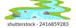 Winding river with grassy green coast template. Mountain stream of water with stones and strong current moves into colorful vector distance
