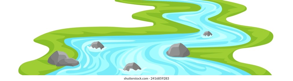 Winding river with grassy green coast template. Mountain stream of water with stones and strong current moves into colorful vector distance