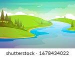 Winding River Mountain Forest Beautiful Rural Nature Landscape Illustration