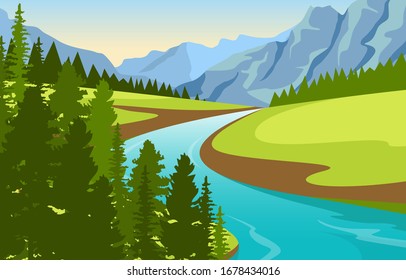 Winding River Mountain Forest Beautiful Rural Nature Landscape Illustration