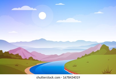 Winding River Mountain Forest Beautiful Rural Nature Landscape Illustration