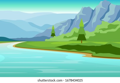 Winding River Mountain Forest Beautiful Rural Nature Landscape Illustration