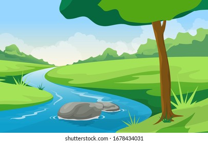 Winding River Mountain Forest Beautiful Rural Nature Landscape Illustration