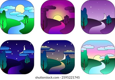 Winding river, mountain forest, beautiful natural landscape. for kids vector blank nature, landscape illustration. 