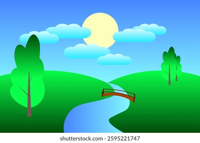 Winding river, mountain forest, beautiful natural landscape. for kids vector blank nature, landscape illustration.