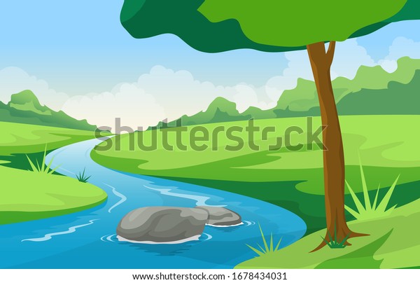 曲がりくねった川の山の森美しい田舎の自然の風景イラスト のベクター画像素材 ロイヤリティフリー