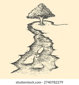 Winding river road leading to single alone tree, hand drawn vintage sketch style vector illustration. Minimalist monochrome nature art composition for print.