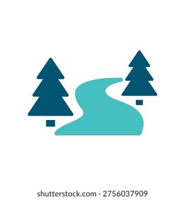 A winding river runs between trees in a clean landscape composition. This graphic suits nature travel branding, hiking maps, eco tourism materials, and outdoor recreation content