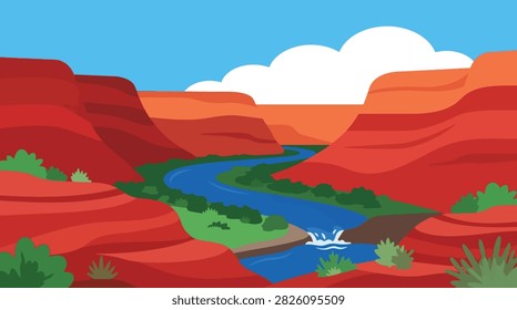 Winding river through deep red canyon landscape with landscape, mountain
