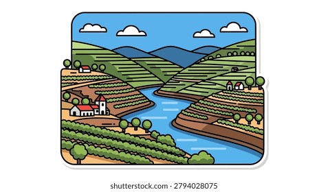 Winding river through green hills landscape
