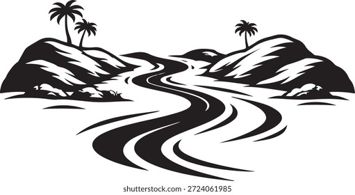 Río sinuoso a través de paisaje tropical aislado en el fondo blanco, Vector, ilustración