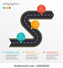 Winding road with 3 steps, options or levels. Step by step infographics template with asphalt road in shape of arrow. Vector illustration.