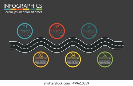 Winding road with 6 steps, options or levels. Step by step infographics template with road in shape of arrow. Vector illustration.