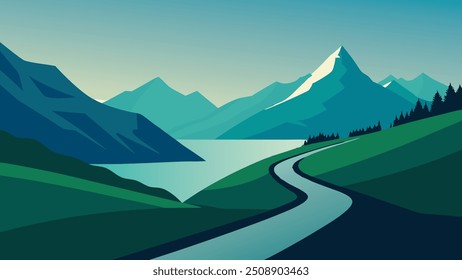 Winding road amidst the stunning Norwegian landscape, highlighting the lush greenery and majestic mountains of the region vector illustration