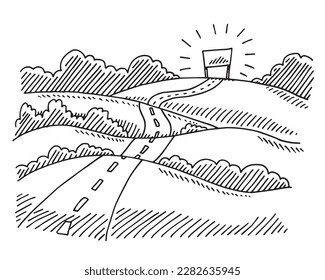 Dibujo de vector a mano de un paisaje con una carretera de colinas y una línea de acabado visible, concepto de fin. Esbozo en blanco y negro sobre un fondo transparente