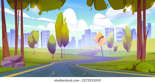 Winding road to city with sign, woods and grass on sides. Cartoon vector panoramic landscape with empty asphalt highway from countryside to skyscrapers in town. Summer cityscape with freeway in park.
