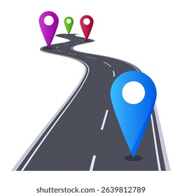 Winding road with colorful location pins marking the route and guiding towards a final destination, symbolizing navigation, journey planning, and achieving goals