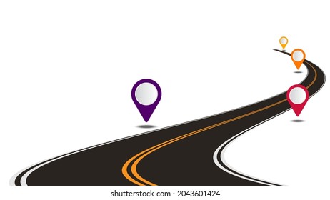 Winding Road with colorful pin pointers. Map marker pointer on road map.
