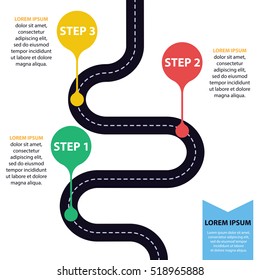 Winding road with colour pin-pointer. Infographic template of some steps or actions.Vector EPS 10