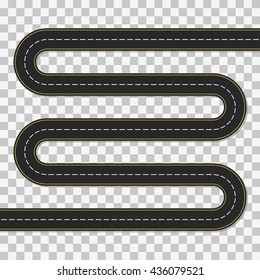 Winding road. Concept a long and difficult path or stages of the project. Vector illustration of asphalt road. Empty template of difficult route.