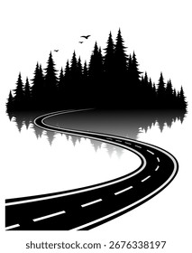 Carretera sinuosa con bosque de coníferas. 
