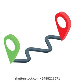 Winding road connecting two distant points marked by location pins, symbolizing a journey or travel itinerary