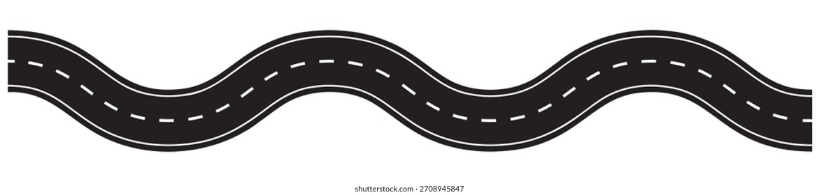 Estrada sinuosa com ilustração de vetor de caminho de estrada curvo. Projeto de rua asfalto para mapas de navegação, rotas de viagem e gráficos de transporte fundo branco isolado.