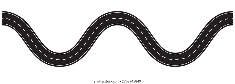 Estrada sinuosa com ilustração de vetor de caminho de estrada curvo. Projeto de rua asfalto para mapas de navegação, rotas de viagem e gráficos de transporte fundo branco isolado.